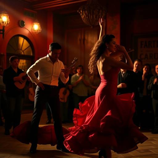 Bailarines de flamenco actuando con pasi&oacute;n en un tablao &iacute;ntimo en Sevilla.