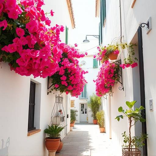 Callejuela estrecha con paredes encaladas y flores de buganvilla en Andaluc&iacute;a