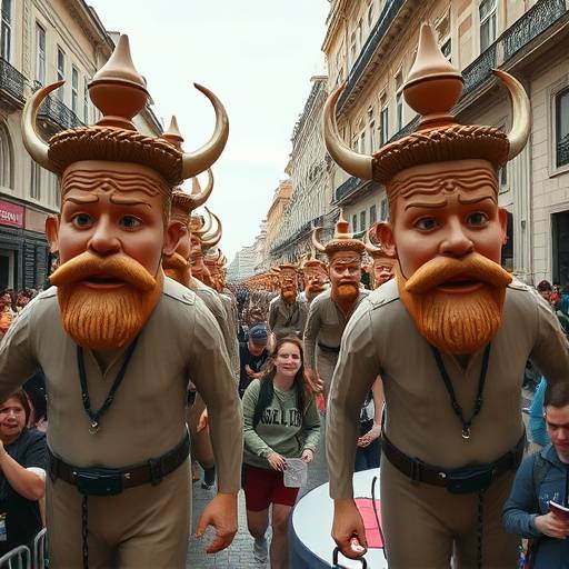 Desfile de gigantes y cabezudos en Pamplona durante los Sanfermines