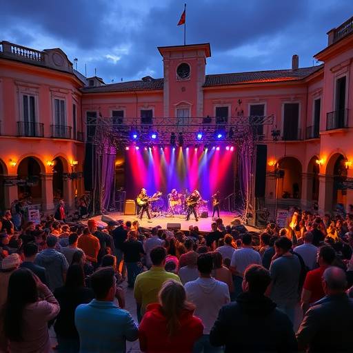 Escenario al aire libre en una plaza mayor espa&ntilde;ola durante el Festival de M&uuml;sica