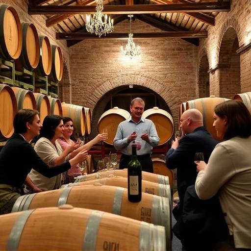 Grupo de personas disfrutando de una cata de vinos en una bodega hist&oacute;rica en La Rioja.
