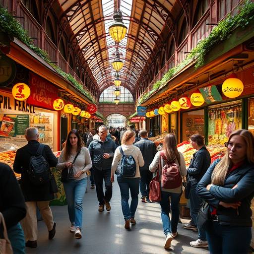 Turistas explorando un mercado de alimentos vibrante en Barcelona