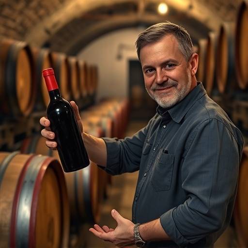 Un bodeguero mostrando una barrica de vino tinto en La Rioja