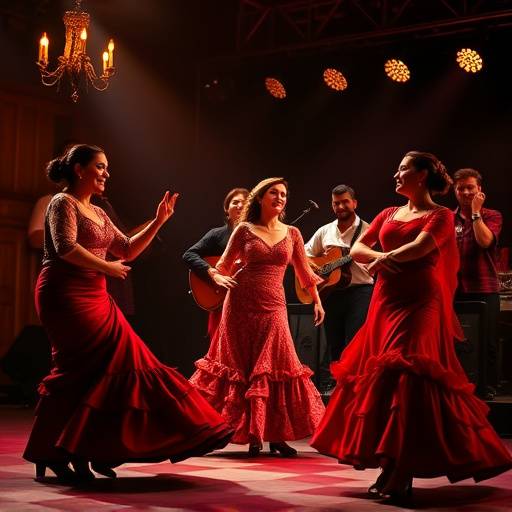 Un grupo de flamencos bailando apasionadamente en un tablao tradicional