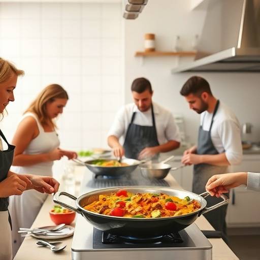 Un grupo participando en una clase de cocina de paella en Sevilla