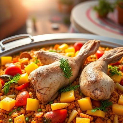 Un plato de paella valenciana tradicional con pollo, conejo y verduras