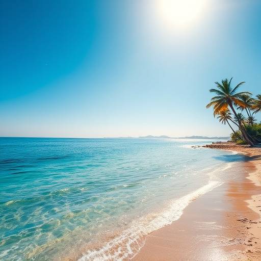 Una playa soleada en la Costa del Sol con aguas cristalinas y palmeras mecidas por la brisa.